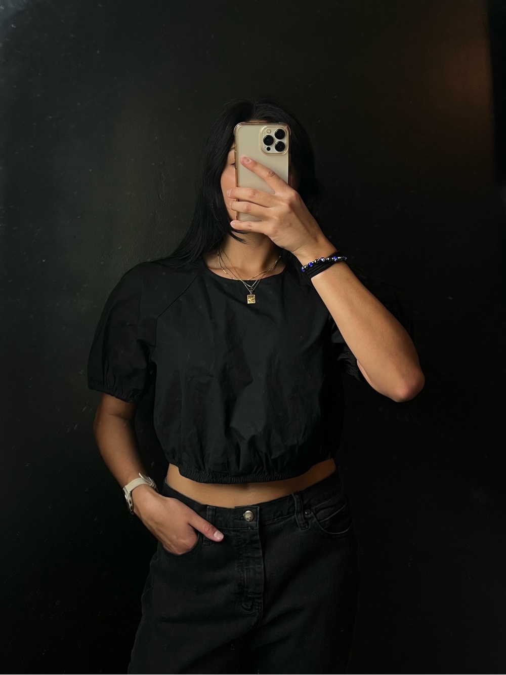 H&M Black Cropped Puff-Sleeve Top